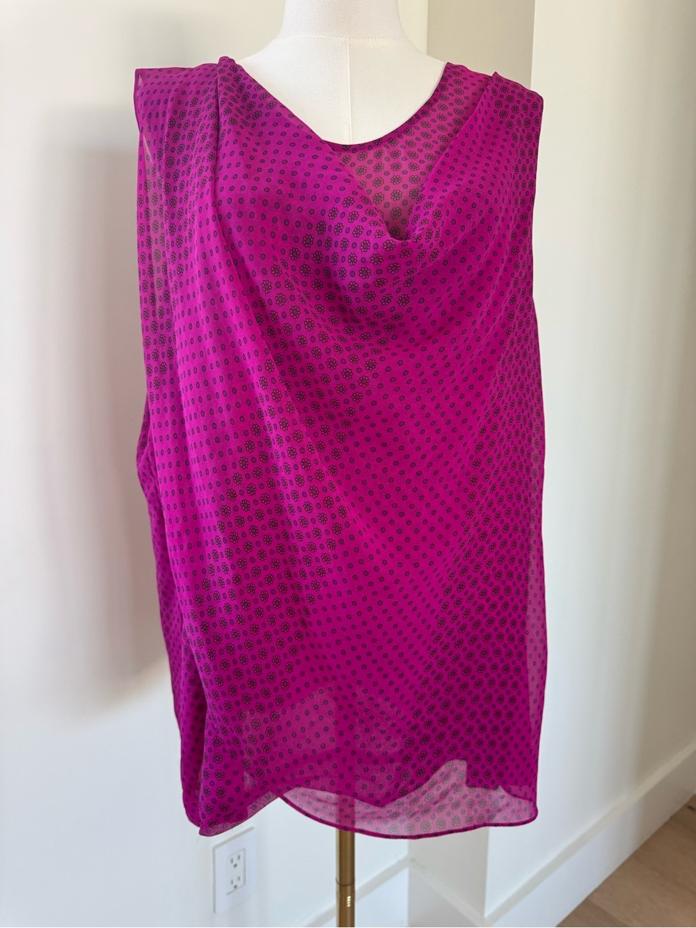 CAbi Pink Floral Dot Flower Sleeveless Drape Neck Blouse Lightweight Semi Sheer